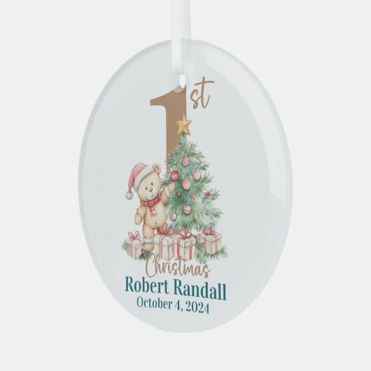 Baby's eerste teddybeer voor Kerstmis Glas Ornament (Voorkant links)