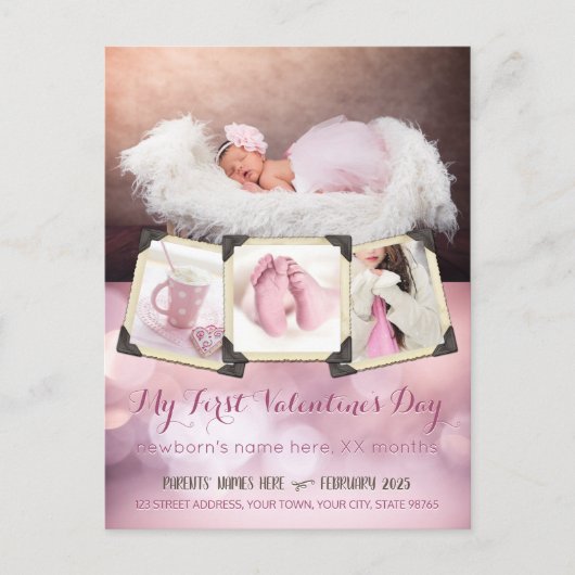 Baby's eerste Valentijn's Day Instagram Foto's Roz Feestdagenkaart (Voorkant)