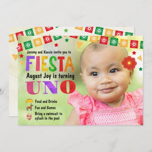 Baby's eerste verjaardag Fiesta Party uitnodiging (Voorkant / Achterkant)