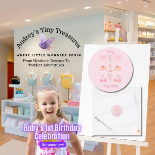 Baby's Eerste Verjaardag Pastel Pink Bows Ronde Sticker