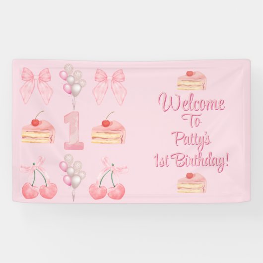 Baby's Eerste Verjaardag Pastel Pink Bows Spandoek (Horizontaal)