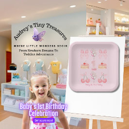 Baby's Eerste Verjaardag Pastel Roze Bow Paper Bor Papieren Bordje
