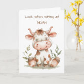 Baby's eerste zittende Schattigee Koe  Kaart (Gele Bloem)