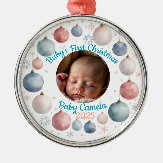 Baby's First Christmas 2025 Personalized Photo  Metalen Ornament (Voorkant)