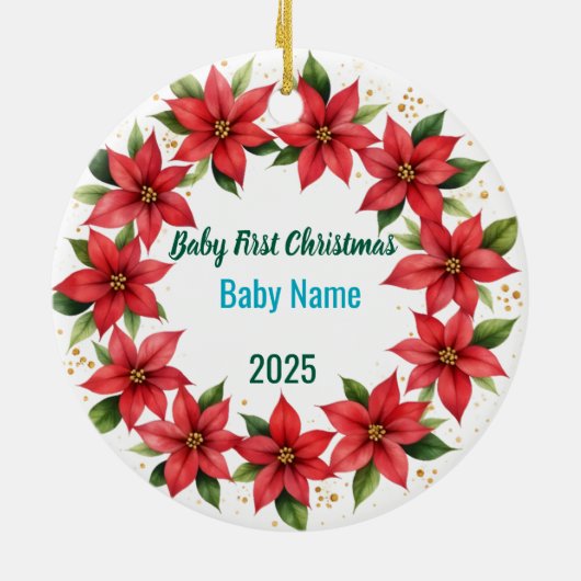 Baby's First Christmas 2025 Poinsettia Wreath Keramisch Ornament (Achterkant)