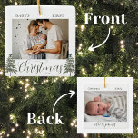 Baby's First Christmas 2 Foto's Waterverf Trees Keramisch Ornament<br><div class="desc">Vier de eerste kerstdagen van uw baby met onze charmante Baby's First Christmas 2 Foto's Waterverf Trees Keramisch Ornament. De voorkant bevat een prachtig groen script dat "Baby's First Christmas" samen met het jaar leest, allemaal geplaatst tegen een achtergrond van twee prachtige waterverf pijnbomen. Met dit ornament kunt u een...</div>
