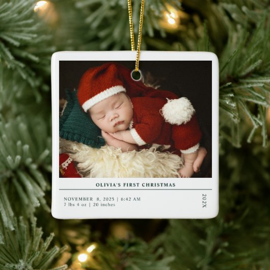 Babys First Christmas  Birth Stats Announcement Keramisch Ornament (Boom)
