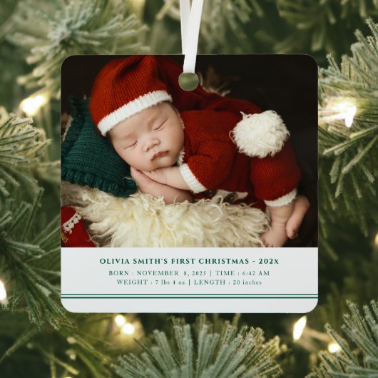 Babys First Christmas Birth Stats Announcement Metalen Ornament (Insitu)
