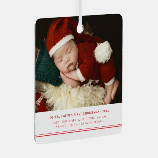 Babys First Christmas Birth Stats Announcement Metalen Ornament (Voorkant Rechts)