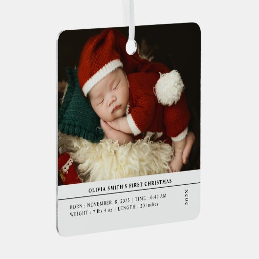 Babys First Christmas  Birth Stats Announcement Metalen Ornament (Voorkant Rechts)