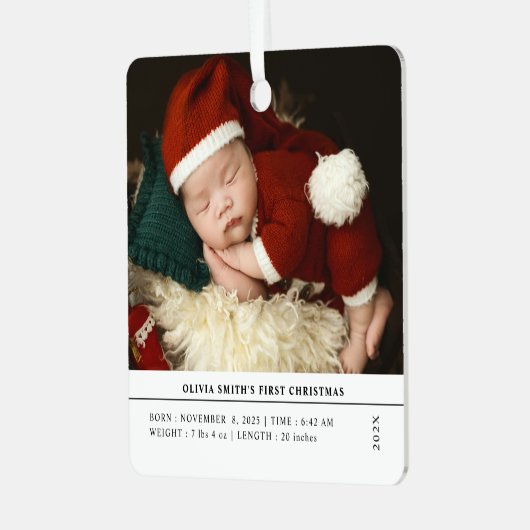 Babys First Christmas  Birth Stats Announcement Metalen Ornament (Voorkant links)