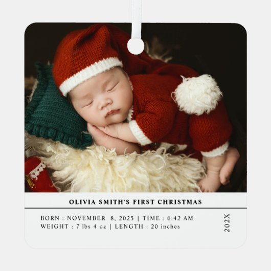 Babys First Christmas  Birth Stats Announcement Metalen Ornament (Achterkant)