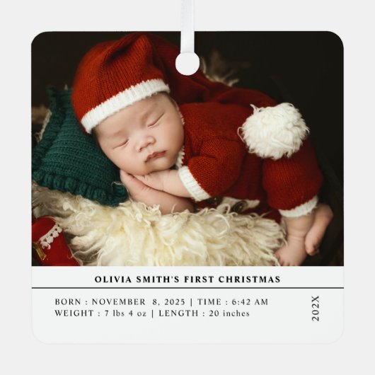 Babys First Christmas  Birth Stats Announcement Metalen Ornament (Voorkant)