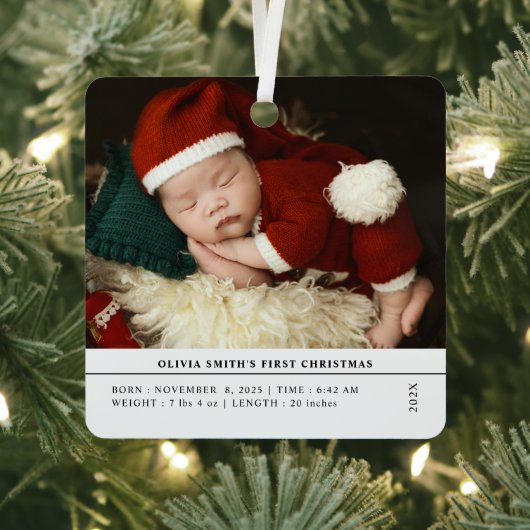 Babys First Christmas Birth Stats Announcement Metalen Ornament (Insitu)