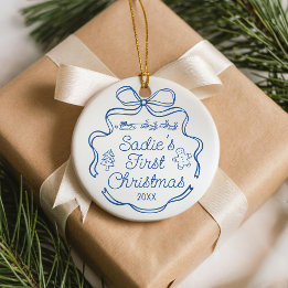 Babys First Christmas Blue Ribbon Whimsical Doodle Keramisch Ornament