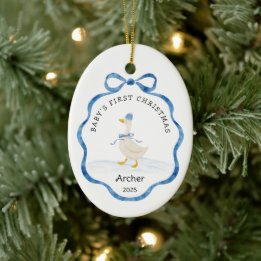 Babys First Christmas Blue Watercolor Ribbon Goose Keramisch Ornament
