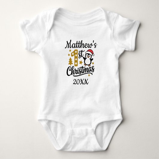 Baby's First Christmas Custom Name Penguin Romper (Voorkant)