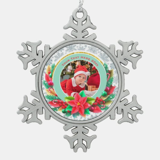 Baby's First Christmas Custom Name Photo Keepsake Tin Sneeuwvlok Ornament (Voorkant)