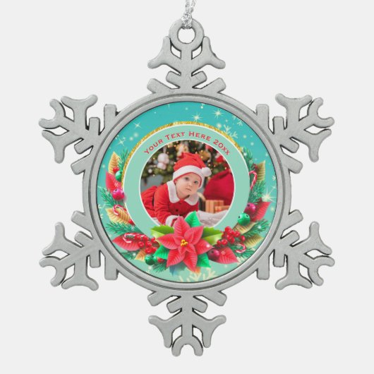 Baby's First Christmas Custom Name Photo Keepsake Tin Sneeuwvlok Ornament (Voorkant)