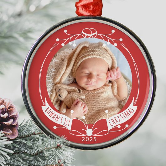 Baby's First Christmas Custom Name Year Photo Metalen Ornament