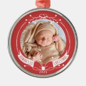 Baby's First Christmas Custom Name Year Photo Metalen Ornament (Voorkant)