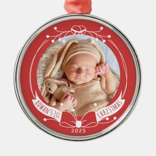Baby's First Christmas Custom Name Year Photo Metalen Ornament (Voorkant)