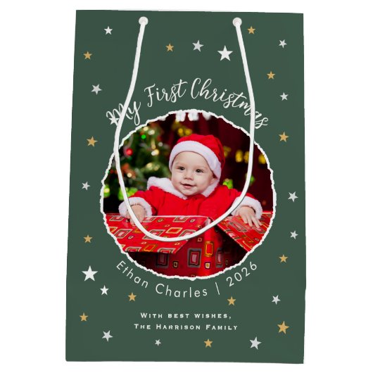 Baby's First Christmas Custom Photo Green Medium Cadeauzakje (Achterkant)