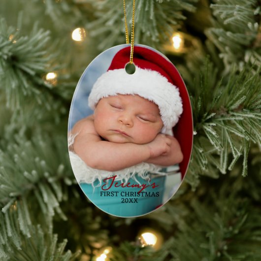 Baby's First Christmas Double Sided Photo Oval Keramisch Ornament (Boom)
