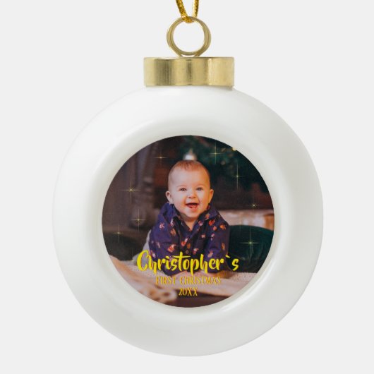 Babys First Christmas Gold Sparkle Stars Photo Keramische Bal Ornament (Voorkant)