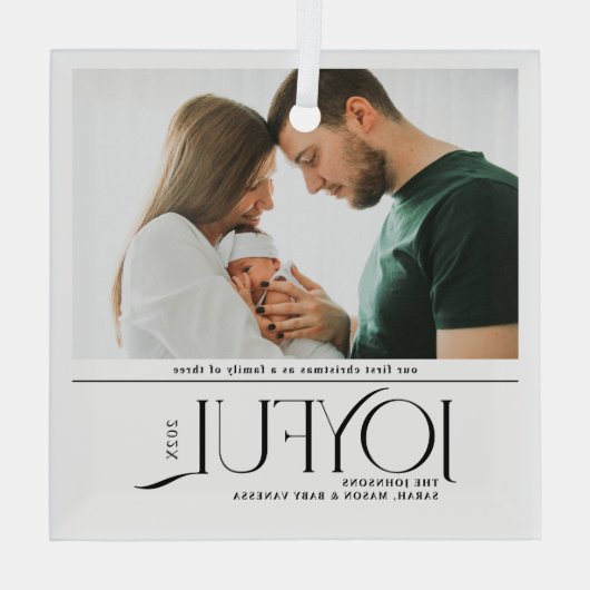 Babys First Christmas Joyful Birth Announcement Glas Ornament (Achterkant)