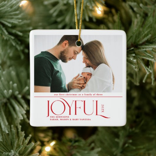 Babys First Christmas Joyful Birth Announcement Keramisch Ornament (Boom)