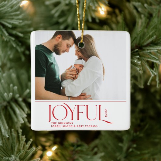 Babys First Christmas Joyful Birth Announcement Keramisch Ornament (Boom)