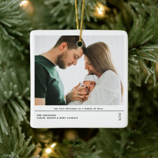 Babys First Christmas Joyful Birth Announcement Keramisch Ornament (Boom)