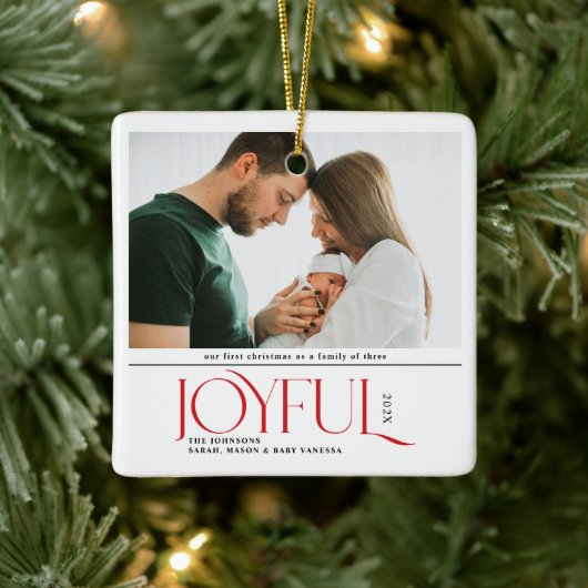 Babys First Christmas Joyful Birth Announcement Keramisch Ornament (Boom)
