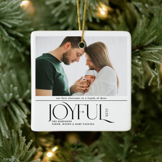 Babys First Christmas Joyful Birth Announcement Keramisch Ornament (Boom)