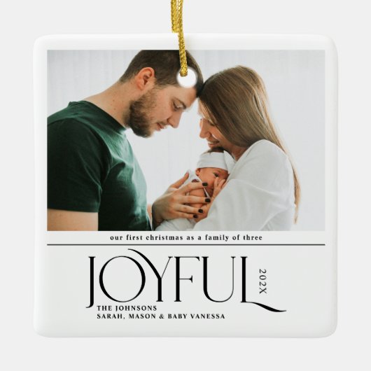 Babys First Christmas Joyful Birth Announcement Keramisch Ornament (Voorkant)