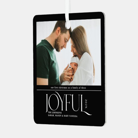 Babys First Christmas Joyful Birth Announcement Metalen Ornament (Voorkant links)