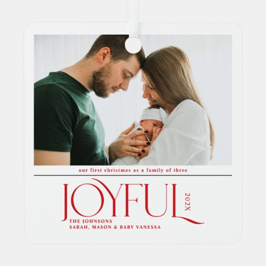 Babys First Christmas Joyful Birth Announcement Metalen Ornament (Achterkant)