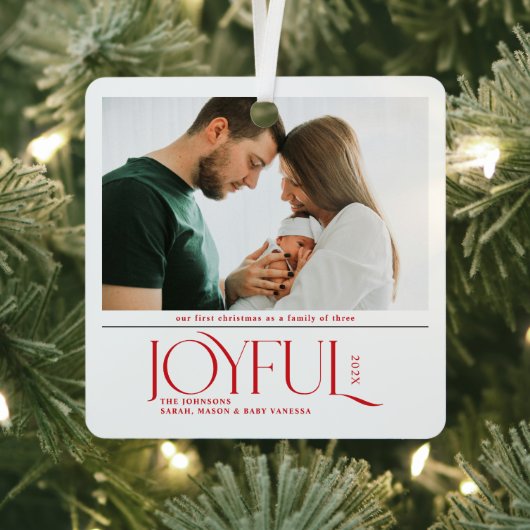 Babys First Christmas Joyful Birth Announcement Metalen Ornament (Insitu)