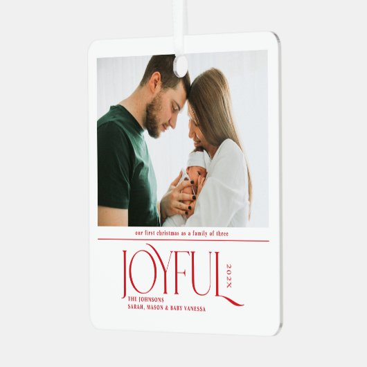 Babys First Christmas Joyful Birth Announcement Metalen Ornament (Voorkant links)