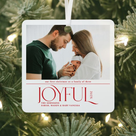 Babys First Christmas Joyful Birth Announcement Metalen Ornament (Insitu)