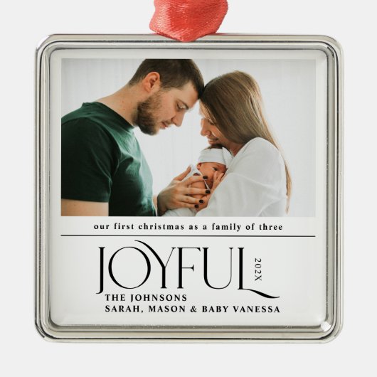 Babys First Christmas Joyful Birth Announcement Metalen Ornament (Voorkant)