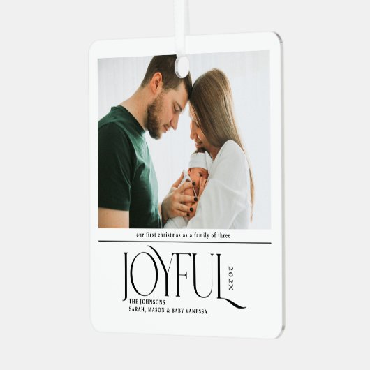 Babys First Christmas Joyful Birth Announcement Metalen Ornament (Voorkant links)