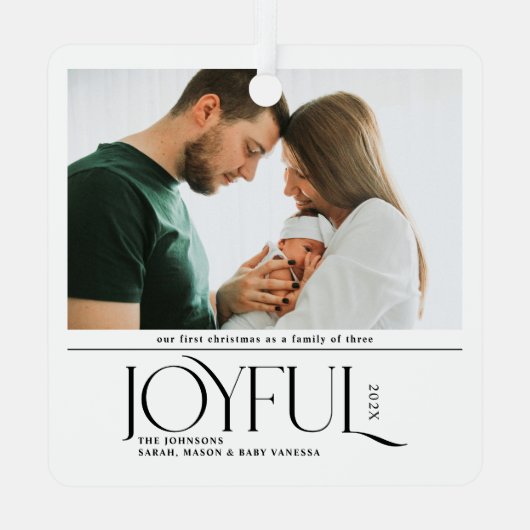 Babys First Christmas Joyful Birth Announcement Metalen Ornament (Achterkant)