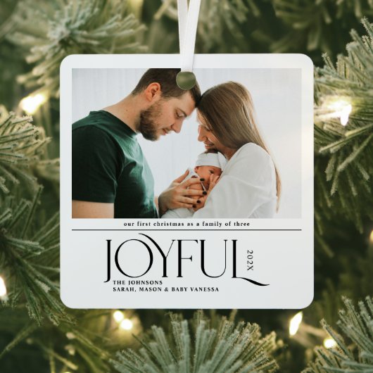 Babys First Christmas Joyful Birth Announcement Metalen Ornament (Insitu)