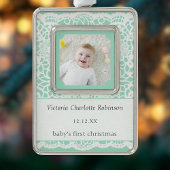 Baby's First Christmas Mint Green Lace Photo Verzilverd Omlijst Ornament