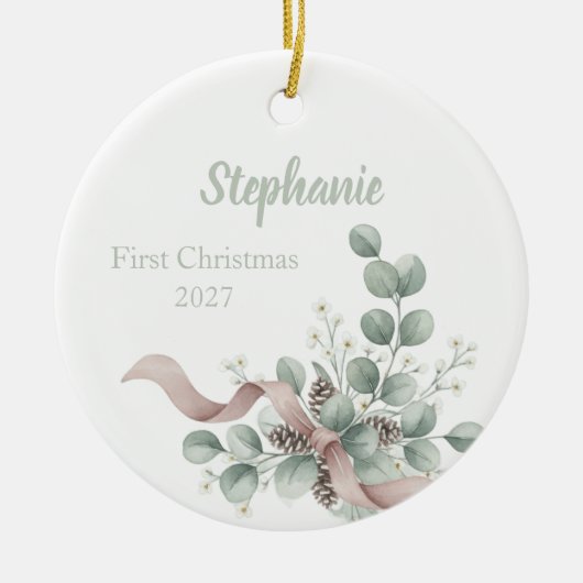 Baby's First Christmas Ornament - Eucalyptus & Bow (Voorkant)