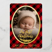Baby's First Christmas Photo Buffalo Plaid  Folie Feestdagenkaart (Voorkant)