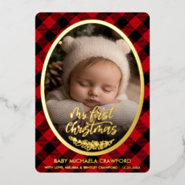 Baby's First Christmas Photo Buffalo Plaid  Folie Feestdagenkaart