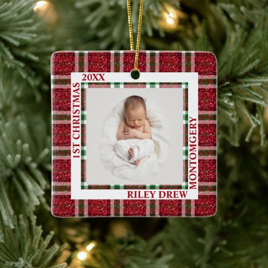 Baby's First Christmas Photo Plaid Keramisch Ornament (Boom)